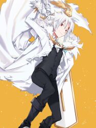  1boy ahoge allen_walker alternate_eye_color amputee black_boots black_pants black_vest boots buttons coat collared_shirt collared_vest colored_eyebrows commentary_request creature creature_on_head cross d.gray-man dress_shirt facial_mark feathered_wings feet_out_of_frame floating_clothes forehead_mark fur-trimmed_coat fur-trimmed_sleeves fur_trim gloves gold_mask golem_(d.gray-man) hair_between_eyes haisato_(ddclown14) holding holding_behind_back holding_sword holding_sword_behind_back holding_weapon holding_weapon_behind_back hood hood_down hooded_coat horns huge_weapon light_particles light_smile long_coat long_sleeves looking_at_viewer male_focus mask open_clothes open_coat pants red_eyes scar scar_across_eye scar_on_face shirt short_hair sidelocks signature single_glove single_sleeve smile solo spiky_hair star_(symbol) star_facial_mark striped_mask sword tail timcanpy two-tone_mask unworn_mask vest weapon white_coat white_fur white_gloves white_hair white_mask white_shirt wings yellow_background 
