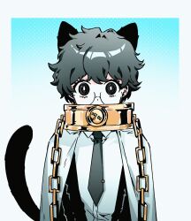  1girl animal_ears animated animated_gif black_eyes black_hair black_necktie black_sleeves blue_background border bright_pupils cape cat_ears cat_girl cat_tail chain collar covered_mouth curly_hair dress_shirt glasses gold_chain gradient_background kemonomimi_mode limbus_company looking_at_viewer looping_animation metal_collar nana_nana_bot necktie project_moon round_eyewear semi-rimless_eyewear shirt short_hair solo sora_(project_moon) straight-on tail tie_clip upper_body white_background white_border white_cape white_pupils white_shirt 
