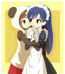  2girls amami_haruka animal_costume animal_ear_hood apron blue_hair border brown_hair closed_mouth commentary_request enmaided green_eyes hiboshi_daizu highres holding holding_tray hood hood_up hoodie hug idolmaster idolmaster_(classic) kisaragi_chihaya long_hair looking_at_another maid maid_headdress multiple_girls official_alternate_costume outside_border panda_costume pleated_skirt red_eyes red_skirt short_hair skirt standing tray variety_animal_(idolmaster) white_apron white_border white_hoodie yellow_background 