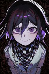  1boy absurdres bandana bandana_around_neck black_background black_hair buttons checkered_bandana closed_mouth colored_inner_hair commentary cowboy_shot danganronpa_(series) danganronpa_v3:_killing_harmony double-parted_bangs english_commentary english_text ff9900 hair_between_eyes highres jacket long_sleeves looking_at_viewer male_focus medium_hair multicolored_hair oma_kokichi purple_hair sanpaku smile solo sweat violet_eyes white_jacket 