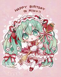  1girl :o absurdres bare_shoulders blush bow bow_legwear bowtie character_name chibi chibi_only chiko_(star_pocco) commentary_request detached_sleeves dot_nose double-parted_bangs dress fork frilled_hairband frilled_thighhighs frills full_body green_eyes green_hair hair_between_eyes hairband happy_birthday hatsune_miku highres holding holding_fork long_hair long_sleeves open_mouth oversized_object pink_background red_bow red_bowtie red_hairband red_shoes shoes signature sleeve_bow sleeveless sleeveless_dress solo standing standing_on_one_leg strawberry_miku_(morikura) thigh-highs twintails very_long_hair vocaloid watermark white_dress white_sleeves white_thighhighs 