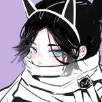  &gt;_&lt; 1girl animal_ears apex_legends bangs black_hair blue_eyes blush cat_ears chinese_commentary covered_mouth fake_animal_ears hair_behind_ear hair_bun highres looking_at_viewer parted_bangs portrait purple_background scarf sketch solo white_scarf wraith_(apex_legends) xiaoye_ju_er 