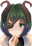  1girl bangs blush close-up curled_horns dc24v demon_girl demon_horns embarrassed eyebrows_visible_through_hair eyepatch face green_eyes green_hair hand_on_another&#039;s_chin honey_strap horns looking_at_viewer medium_hair nose_blush pov pov_hands sekishiro_mico simple_background solo_focus virtual_youtuber white_background 