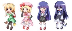 4girls absurdres backpack bag beret black_dress black_hairband black_pantyhose black_shoes black_skirt blonde_hair blue_hair blunt_bangs blush bow bowtie brown_shoes cat_tail closed_eyes commentary deformed dress elbow_gloves frederica_bernkastel full_body furude_rika gloves green_dress hairband hat highres higurashi_no_naku_koro_ni houjou_satoko lambdadelta long_hair multiple_girls onjyoji168685 open_mouth pantyhose pink_bow pink_bowtie pink_dress pink_hat pleated_skirt purple_bow purple_bowtie red_bag red_eyes red_shoes sailor_dress school_uniform shaded_face shirt shoes short_hair short_sleeves simple_background skirt smile socks star_(symbol) suspender_skirt suspenders tail umineko_no_naku_koro_ni untranslatable_commentary violet_eyes white_background white_shirt white_socks 