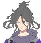 1girl apex_legends bangs black_hair eyebrows_visible_through_hair floating_hair looking_at_viewer parted_bangs parted_lips portrait purple_scarf scarf sketch smirk solo v-shaped_eyebrows white_background wraith_(apex_legends) wuwuliu_zhu 