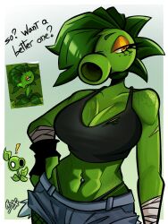  1boy 1girl abs artist_name black_skirt black_thong body_freckles breasts colored_skin fishnet_pantyhose fishnets freckles green_skin highres monster_girl multiple_bandages navel_piercing nyxx_velvet pantyhose peablaze_(xxpeaflowerxx) peashooter_(plants_vs._zombies) piercing plant plant_girl plants_vs._zombies short_shorts shorts skirt 
