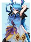  1girl absurdres ahoge bangs bare_arms black_bow black_gloves border bow breasts bug butterfly drill_hair gloves green_background green_eyes gwen_(league_of_legends) hair_bow hair_over_shoulder heterochromia highres holding holding_scissors ip_i_(pfxp5247) large_bow league_of_legends long_hair looking_at_viewer medium_breasts orange_ribbon purple_ribbon ribbon scissors short_sleeves swept_bangs twin_drills twintails two-tone_ribbon white_border x-shaped_pupils 