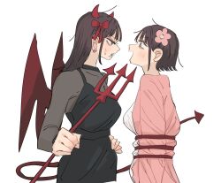  2girls absurdres aweida black_dress blush bound bow breasts brown_hair commentary_request demon_girl demon_horns demon_tail demon_wings dress earrings eye_contact flower hair_bow hair_flower hair_ornament highres holding horns irasutoya japanese_clothes jewelry kimono long_hair long_sleeves looking_at_another multiple_girls open_mouth pink_kimono polearm red_bow see-through_clothes short_hair simple_background sweat sweatdrop tail teeth trident weapon white_background wings 