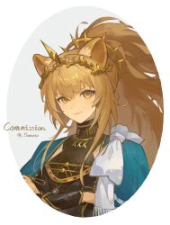  1girl absurdres animal_ears arknights blonde_hair cape chinese_commentary closed_mouth commentary_request commission crossed_arms grey_background hair_between_eyes highres lion_ears lion_girl long_hair looking_at_viewer ponytail sanzio76 siege_(arknights) simple_background solo upper_body vina_victoria_(arknights) yellow_eyes 