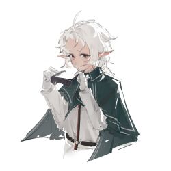  1girl absurdres ahoge cloak elf gloves green_cloak highres holding holding_removed_eyewear jadpon long_sleeves looking_at_viewer medium_hair messy_hair mushoku_tensei orange_eyes parted_bangs parted_lips pointy_ears shirt simple_background solo sunglasses sylphiette_(mushoku_tensei) unworn_eyewear upper_body white_background white_gloves white_hair white_shirt 