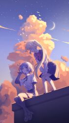  2girls absurdres ahoge black_ribbon blonde_hair bob_cut bocchi_the_rock! bow bowtie braid braided_base closed_eyes closed_mouth clouds cloudy_sky collared_shirt colorful_clouds commentary_request crescent_moon evening facing_another full_body grey_shirt grey_skirt grey_sweater_vest hands_on_own_knees highres ijichi_nijika layered_sleeves loafers long_hair long_sleeves moon multiple_girls neck_ribbon open_mouth outdoors pantyhose purble_sky purple_hair red_bow red_bowtie ribbon school_uniform shirt shoes short_hair short_over_long_sleeves short_sleeves side_ponytail side_ponytail_with_braided_base sitting skirt sky smile star_(sky) starry_sky sweater_vest undershirt very_long_hair white_shirt yamada_ryo yellow_eyes yuyuu 