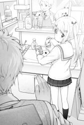  1boy 1girl blush collared_shirt commentary_request cup greyscale hair_ornament hair_ribbon hairclip holding holding_cup holding_toothbrush indoors jabittoson long_hair long_sleeves looking_back mirror monochrome mug necktie original pleated_skirt reflection ribbon sailor_collar school_uniform serafuku shirt sink skirt soap_bottle socks standing sweater_vest toothbrush twintails very_long_hair 