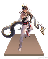  1boy arknights black_hands brown_hair chinese_commentary chongyue_(arknights) colored_extremities commentary_request covered_pectorals curtained_hair dragon_boy dragon_horns dragon_tail earrings eastern_dragon_horns eastern_dragon_tail from_above full_body grey_streaks highres horns jewelry kung_fu long_hair low_ponytail male_focus multicolored_hair muscular muscular_male nanyu1998 pants pectorals pointy_ears ponytail red_eyes rerebrace shirt shoes simple_background single_bare_shoulder sleeveless sleeveless_shirt solo streaked_hair tail very_long_tail watermark weibo_username weibo_watermark white_background white_pants white_shirt white_shoes 