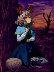  1girl absurdres animal_ear_fluff animal_ears blue_capelet blue_dress breasts capelet cheese cheese_wheel crying crying_with_eyes_open dress flandzen food grey_hair hand_on_own_chest highres long_sleeves looking_up mouse_ears mouse_girl nazrin night outdoors red_eyes shirt small_breasts solo sunset tears touhou tree white_shirt 