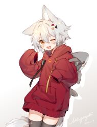  1girl :d ;d animal_ear_fluff animal_ears artist_name black_thighhighs blush commentary_request cowboy_shot dated fang grey_hair hair_between_eyes hair_ornament hairclip highres hood hood_down hoodie long_hoodie long_sleeves medium_hair miyayoki one_ear_down one_eye_closed original paw_print red_hoodie signature skin_fang sleeves_past_fingers sleeves_past_wrists smile solo stuffed_animal stuffed_shark stuffed_toy tail thigh-highs white_background yellow_eyes 
