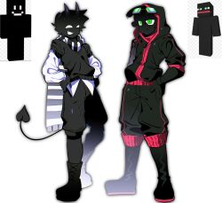  2boys animification arm_at_side black_boots black_hair black_jacket black_pants black_skin black_sweater boots colored_skin commentary_request demon_boy demon_horns demon_tail dreadlocks fang full_body goggles goggles_on_head green_eyes hand_on_own_hip hands_on_own_hips hem_peeking_out highres hood hood_up hooded_jacket horns jacket knee_boots korean_commentary lolwwww11 long_sleeves looking_at_viewer male_focus minecraft_youtube multiple_boys open_mouth pants reference_inset scarf short_hair simple_background smile solid_eyes standing striped_clothes striped_scarf sweater tail thatmob twixxel white_background white_eyes white_scarf 