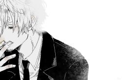  1boy clip_studio_paint_(medium) closed_mouth collared_shirt commentary_request curly_eyebrows curry_gohan facial_hair goatee greyscale hair_over_one_eye male_focus monochrome one_piece sanji_(one_piece) shirt short_hair simple_background solo suit 