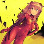  1girl arm_at_side bangs blue_eyes bmo_art bodysuit breasts commentary cowboy_shot dutch_angle hair_between_eyes hand_on_own_chest interface_headset long_hair looking_afar looking_away medium_breasts neon_genesis_evangelion parted_lips pilot_suit plugsuit red_bodysuit redhead solo souryuu_asuka_langley standing teeth thigh_gap two_side_up upper_teeth yellow_background 