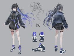  1girl belt belt_buckle black_gloves black_hair black_jacket black_shirt black_shoes black_skirt black_socks blue_belt blue_eyes blue_hair buckle colored_inner_hair commentary_request earrings expressionless gloves hair_between_eyes high-waist_skirt high_collar high_ponytail high_tops highres hoop_earrings jacket jewelry kamitsubaki_studio koko_(kamitsubaki_studio) lapels lightning_bolt_earrings lightning_bolt_symbol long_hair long_sleeves looking_at_viewer mole mole_under_eye multicolored_hair multicolored_skirt multiple_moles notched_lapels o-ring official_alternate_costume official_art open_clothes open_jacket pleated_skirt ponytail reference_sheet shirt shoes sidelocks single_glove skindentation skirt snap-fit_buckle sneakers socks standing swav thigh_belt thigh_strap zipper zipper_pull_tab 