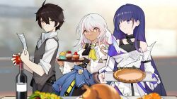  1boy 2girls adam_(honkai_impact) ahoge black_hair blue_sweater bottle breasts cake carole_peppers clothes_around_waist commentary dark-skinned_female dark_skin dress english_commentary error1980 food grey_pants grey_vest highres holding holding_paper holding_tray honkai_(series) honkai_impact_3rd large_breasts long_hair multiple_girls pants paper purple_hair raiden_mei raiden_mei_(apho) second-party_source shirt short_hair sweater sweater_around_waist tray very_long_hair vest violet_eyes white_dress white_hair white_shirt wine_bottle yellow_eyes 