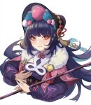  1girl absurdres blush chinese_clothes commentary_request cropped_torso fur_trim genshin_impact hat highres holding holding_stick light_smile long_hair looking_at_viewer purple_hair red_eyes simple_background solo stick tutou_jiang upper_body white_background yun_jin_(genshin_impact) 
