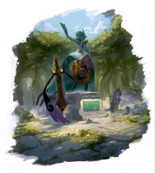  aegislash blue_sky border commentary_request day flower forest from_behind full_body gardevoir grass hakumogera highres looking_at_another moss nature no_humans outdoors overgrown pokemon pokemon_(creature) pokemon_focus ruins sky statue tree white_border 