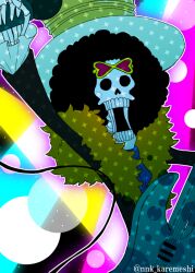  1boy afro brook_(one_piece) clip_studio_paint_(medium) commentary_request crown curry_gohan eyewear_on_head feather_boa guitar hat holding holding_guitar holding_instrument holding_microphone instrument looking_at_viewer male_focus microphone one_piece open_mouth skeleton solo spotlight twitter_username 