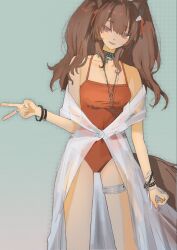 1girl :d angelina_(arknights) angelina_(summer_flower)_(arknights) animal_ears arknights black_collar bracelet brown_hair collar collarbone commentary_request fox_ears fox_girl fox_tail green_background hair_ribbon highres infection_monitor_(arknights) jewelry long_hair looking_at_viewer one-piece_swimsuit red_eyes red_one-piece_swimsuit red_ribbon ribbon smile solo spaghetti_strap swimsuit swimsuit_cover-up tail thigh_strap v zual550608 