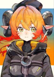  1girl beret commentary curled_horns dragon_girl dragon_horns gradient_background green_eyes hat horns light_smile long_hair orange_hair orphie_magnusson pointy_ears sinposaru twintails twitter_username zenless_zone_zero 