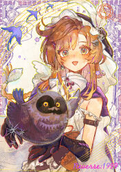  1girl :d absurdres animal arm_belt bird black_gloves bow bowtie brown_hair cape commentary_request copyright_name dress feathers fune5 gloves green_eyes grey_bird highres holding holding_animal holding_bird long_hair open_mouth purple_cape reverse:1999 rhiannon_(reverse:1999) sleeveless sleeveless_dress smile solo upper_body veil white_bow white_bowtie white_dress white_veil 