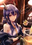  1girl arknights arm_support artist_name backlighting bangs bar birthday blue_hair blurry blurry_background blurry_foreground ch&#039;en_(arknights) chinese_text closed_mouth collared_shirt cup dated dragon_horns drinking_glass e-bushi fingerless_gloves food from_side fruit gloves hair_between_eyes hand_up highres holding holding_cup horns indoors lemon lemon_slice looking_at_viewer low_twintails necktie off-shoulder_shirt off_shoulder red_eyes shirt signature sitting smile solo translated twintails upper_body white_shirt yellow_necktie 