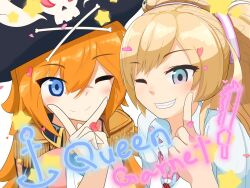  anchor_symbol bismuthntg blonde_hair blue_eyes blush captain_sunny chainsaw commentary_request cosmic_break hat heart index_finger_raised jolly_roger killica one_eye_closed orange_hair pirate_costume pirate_hat smile teeth twintails v 