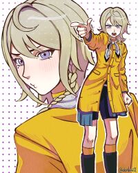  black_boots black_shorts blonde_hair blue_jacket boots braid commentary danganronpa_(series) danganronpa_2:_goodbye_despair danganronpa_2x2 dentwiist english_commentary highres jacket jacket_over_jacket kneehighs leaked_student_(danganronpa_2x2) light_blush low_twin_braids medium_hair mole mole_under_eye neckerchief open_mouth pointing projected_inset pursed_lips screentones shorts socks twin_braids violet_eyes white_neckerchief yellow_jacket yellow_socks 