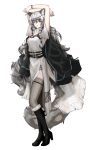  1girl animal_ear_fluff animal_ears arknights arms_up bangs bead_necklace beads belt belt_buckle black_belt black_cape black_footwear boots bracelet braid breasts buckle cape commentary cross-laced_slit dress english_commentary eyebrows_visible_through_hair full_body fur-trimmed_boots fur_trim grey_dress grey_eyes grey_hair grey_legwear hair_ornament head_chain high_heels highres jewelry knee_boots large_tail leopard_ears leopard_tail lim_aya_w long_hair looking_at_viewer multiple_belts necklace open_mouth pelvic_curtain pramanix_(arknights) short_sleeve_sweater short_sleeves side_slit sidelocks sideways_glance simple_background solo standing sweater sweater_dress tail thigh-highs transparent_background turtleneck turtleneck_dress turtleneck_sweater twin_braids very_long_hair wavy_hair white_background 
