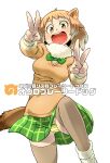  1girl absurdres animal_ears aono3 ass_visible_through_thighs beige_legwear black-tailed_prairie_dog_(kemono_friends) breasts brown_eyes brown_hair character_name double_v fur_trim green_neckwear green_skirt highres japari_symbol kemono_friends knee_up long_sleeves looking_at_viewer medium_breasts open_mouth outline panties pantyshot plaid plaid_skirt pleated_skirt skirt smile solo standing striped striped_panties tail underwear v white_hair white_legwear white_panties yellow_panties 