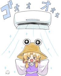  >_< 1girl :d air_conditioner blonde_hair brown_hat closed_eyes commentary_request hat highres moriya_suwako pipi_attopipi purple_skirt purple_vest shirt skirt smile solo sound_effects sparkling_eyes touhou vest white_shirt wide_sleeves xd 