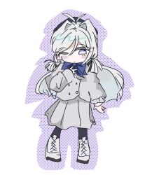  1girl antenna_hair astrae_oratio black_pantyhose blush bow bowtie chibi commission commissioner_upload crepe_commission grey_jacket grey_shoes grey_skirt hair_intakes hair_tie hand_on_own_chest hat highres jacket long_eyelashes long_hair marinkarin mitsukoe_runa non-web_source one_eye_closed pantyhose shoes short_twintails sketch skirt solo twintails white_hair 