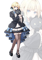  1girl absurdres aizawa_ema aizawa_ema_(6th_costume) black_bow black_dress black_shoes black_thighhighs blonde_hair blue_eyes bow bowtie commentary dress frilled_sleeves frills full_body gothic_lolita hair_bow high_heels highres holding holding_toy lolita_fashion long_sleeves looking_at_viewer parted_lips ran_(aizawa_ema) rieatco shoes solo standing striped_clothes striped_thighhighs stuffed_animal stuffed_cat stuffed_toy thigh-highs toy vertical-striped_clothes vertical-striped_thighhighs virtual_youtuber vspo! white_background wide_sleeves zoom_layer 
