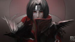  1boy absurdres akatsuki_uniform artist_name bird black_coat black_hair coat commentary_request covered_mouth crow facial_mark forehead_protector highres konohagakure_symbol looking_at_viewer male_focus naruto_(classic) naruto_(series) painterly red_eyes sharingan short_hair shua_desu signature uchiha_itachi uchiha_symbol 