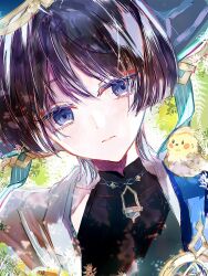  1boy animal_on_shoulder bird bird_on_shoulder black_bodysuit black_hair blue_cape blue_hat blue_jingasa blunt_ends bodysuit cape closed_mouth covered_collarbone eyelashes eyeliner genshin_impact gold hat head_tilt highres japanese_clothes jingasa kimono looking_at_animal makeup male_focus mandarin_collar open_clothes open_kimono pink_lips red_eyeliner ringoame0001 scaramouche_(genshin_impact) shoulder_peek side_cape solo violet_eyes wanderer_(genshin_impact) white_kimono wispy_bangs yellow_bird 