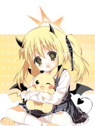  1girl black_tail black_wings blonde_hair blue_archive blush chibuny1 demon_tail demon_wings dress full_body hair_ribbon halo highres holding ibuki_(blue_archive) long_sleeves looking_at_viewer low_wings medium_hair mini_wings open_mouth pikachu pinafore_dress pleated_dress pokemon ribbon shirt sleeveless sleeveless_dress smile tail white_shirt wings yellow_eyes yellow_halo 