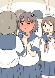  2boys 3girls anger_vein arm_around_neck arm_up blue_sailor_collar blue_skirt blush brown_background brown_neckerchief clenched_hand closed_mouth commentary_request flying_sweatdrops full-face_blush hands_up juukyuu multiple_boys multiple_girls neckerchief nervous_smile one_side_up open_mouth original pleated_skirt sailor_collar school_uniform serafuku shirt short_sleeves skirt smile sweat trembling two-tone_background victory_pose white_background white_shirt 