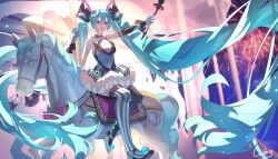  1girl absurdres aqua_eyes aqua_hair asymmetrical_legwear bow bowtie carousel commentary detached_sleeves dress_ruff english_commentary frills hair_between_eyes hair_ornament hat hatsune_miku highres holding holding_wand long_hair looking_at_viewer magical_mirai_(vocaloid) magical_mirai_miku magical_mirai_miku_(2019) microphone microphone_wand mini_hat mini_top_hat miniskirt mismatched_legwear neck_ruff official_alternate_costume official_alternate_hairstyle open_mouth pink_bow pink_bowtie skirt smile solo thigh-highs top_hat twintails very_long_hair vocaloid wand wing_(39_miku831) 