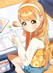  1girl :> alternate_costume blue_shorts blunt_bangs book bow bow_camisole camisole commentary denim denim_shorts desk egg_hair_ornament egg_print eraser food-themed_hair_ornament hair_ornament hairband highres holding holding_pen homework hosupi kirara_tamako long_hair long_sleeves looking_at_viewer nijisanji notebook open_book orange_bow orange_camisole orange_eyes orange_hair pen pencil_case ribbed_shirt shirt shorts sitting slice_of_life socks striped_clothes studying table tears textbook vertical-striped_clothes wariza white_shirt white_socks writing 