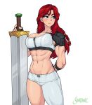  1girl abs artist_name asymmetrical_clothes blue_eyes breasts commentary cowboy_shot english_commentary eyebrows_visible_through_hair fingerless_gloves gloves hair_between_eyes highres huge_weapon large_breasts long_hair muscular muscular_female navel original redhead shardanic simple_background single_pantsleg solo watermark weapon white_background 