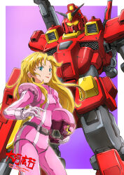  1girl beam_cannon blonde_hair blue_eyes commentary_request derivative_work earth_federation gundam heavy_gundam helmet highres holding holding_unworn_helmet ingrid_0 long_hair looking_at_viewer mecha mecha_pilot_suit mobile_suit msv-r:_the_return_of_johnny_ridden normal_suit_(gundam) pilot robot science_fiction taiga_hiroyuki unworn_headwear unworn_helmet v-fin 