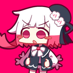  1girl beret black_hat black_outline black_ribbon chibi chibi_only commentary_request dekasurume flower gradient_hair hair_flower hair_ornament hand_on_own_hip hat long_sleeves looking_to_the_side mahou_shoujo_no_majo_saiban multicolored_hair open_mouth outline pink_background pink_eyes pink_hair ribbon sakuraba_ema shirt short_hair simple_background solo white_flower white_hair x_hair_ornament 