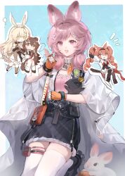  4girls :d ahoge angelina_(arknights) angelina_the_mellow_wish_(arknights) animal animal_ear_fluff animal_ears arknights black_shoes black_skirt blonde_hair blue_background border brown_hair carrot chibi chinese_commentary commentary_request fingerless_gloves fox_ears fox_girl fur-trimmed_skirt fur_trim gloves hair_between_eyes hairband hand_up highres infection_monitor_(arknights) jacinta_(arknights) long_hair looking_at_viewer miaoling_(miaoling_33zenobia) multiple_girls open_mouth orange_gloves pink_eyes pink_hair rabbit rabbit_ears rabbit_girl raccoon_ears raccoon_girl shoes skirt smile solo_focus staff_riding thigh-highs thumpy_(arknights) timeslot_(arknights) twintails white_border white_rabbit_(animal) white_thighhighs 