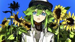  1boy baseball_cap blue_background blue_eyes blue_sky collared_shirt commentary_request double-parted_bangs floating_hair flower green_hair grey_shirt hair_between_eyes hat highres leaf long_hair male_focus n_(pokemon) open_clothes open_mouth open_shirt outdoors plant pokemon pokemon_black_and_white shirt sky solo sunflower takos_meshi two-tone_hat upper_body white_shirt wing_collar yellow_flower 
