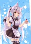  1girl animal_ear_fluff animal_ears apron bangs black_bow black_dress black_hair black_legwear blush bow bow_dress bow_legwear cake cat_ears cat_girl cat_tail cowboy_shot dress eyebrows_visible_through_hair food frilled_dress frilled_legwear frills hair_bow hair_ornament hair_over_shoulder hairpin hands_up holding holding_plate long_hair looking_at_viewer m_ko_(maxft2) maid multicolored_clothes multicolored_dress multicolored_hair original paw_pose plate short_dress short_sleeves signature silver_hair solo tail tail_bow tail_ornament tail_raised thigh-highs twintails very_long_hair white_dress yellow_eyes zettai_ryouiki 
